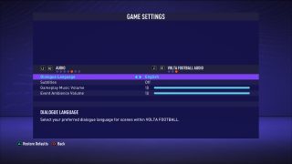 The picture shows the game settings for VOLTA FOOTBALL Audio listed below.