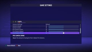 The picture shows the Camera Game Settings listed below.