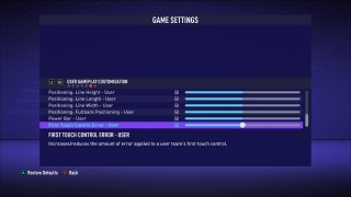 The picture shows the User Player Customization Game Settings listed below.