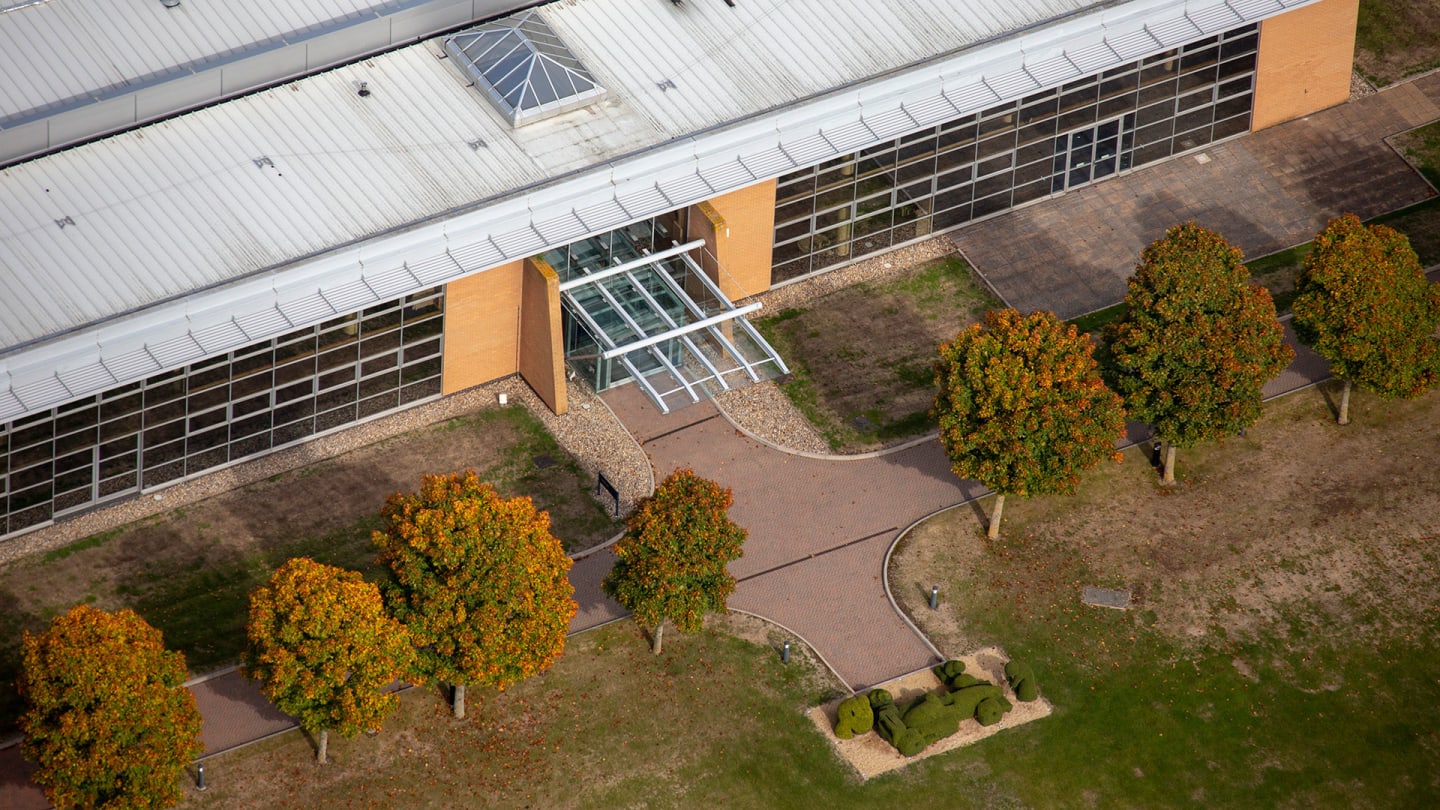 OXFORDSHIRE, UNITED KINGDOM. OCTOBER 2018. An aerial photograph of Williams Racing F1 Factory and