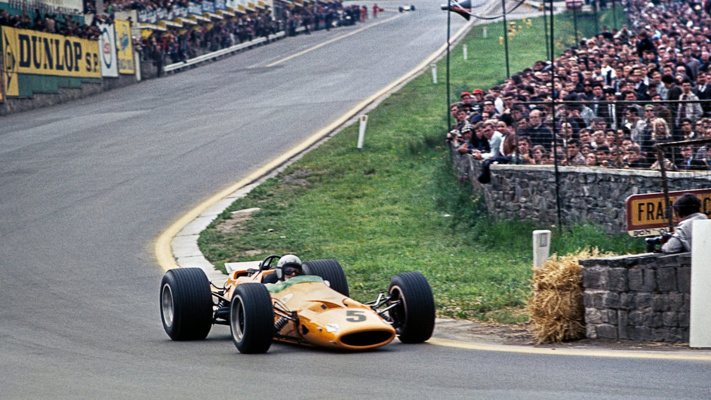 Bruce McLaren, McLaren-Ford M7A, Grand Prix of Belgium, Spa Francorchamps, 09 June 1968. (Photo by