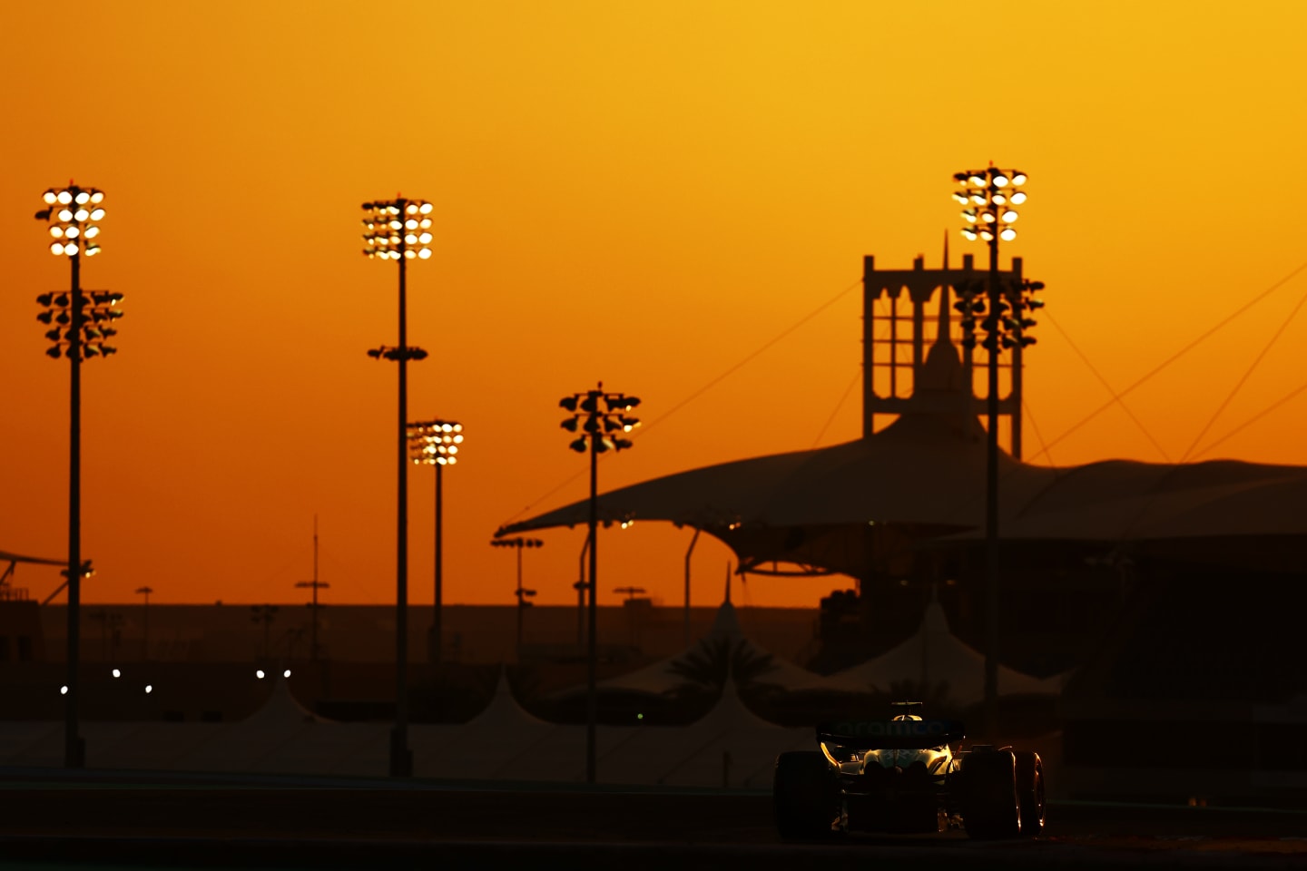 BAHRAIN, BAHRAIN - FEBRUARY 25: Fernando Alonso of Spain driving the (14) Aston Martin AMR23 Mercedes on track during day three of F1 Testing at Bahrain International Circuit on February 25, 2023 in Bahrain, Bahrain. (Photo by Mark Thompson/Getty Images)