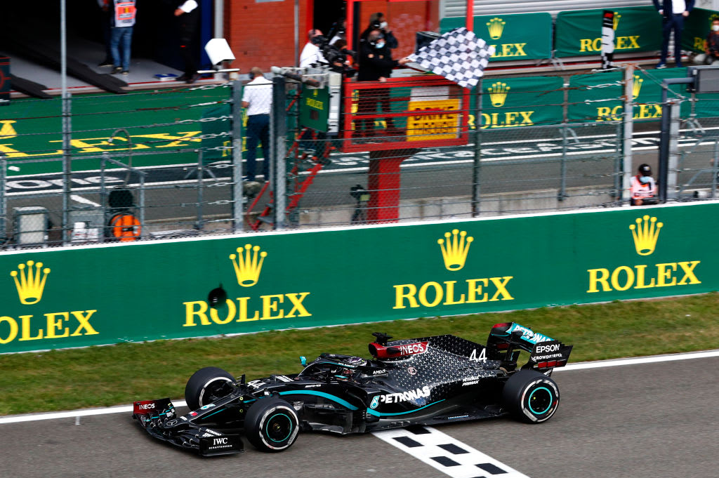 SPA, BELGIUM - AUGUST 30: Race winner Lewis Hamilton of Great Britain driving the (44) Mercedes AMG