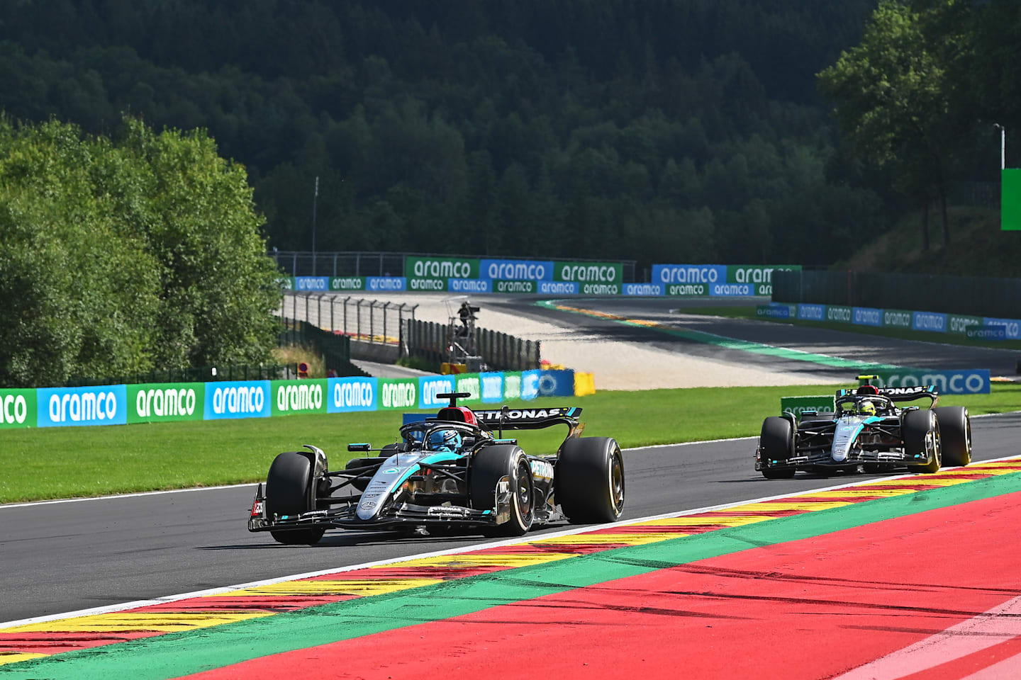 SPA, BELGIUM - JULY 28: George Russell of Great Britain driving the (63) Mercedes AMG Petronas F1