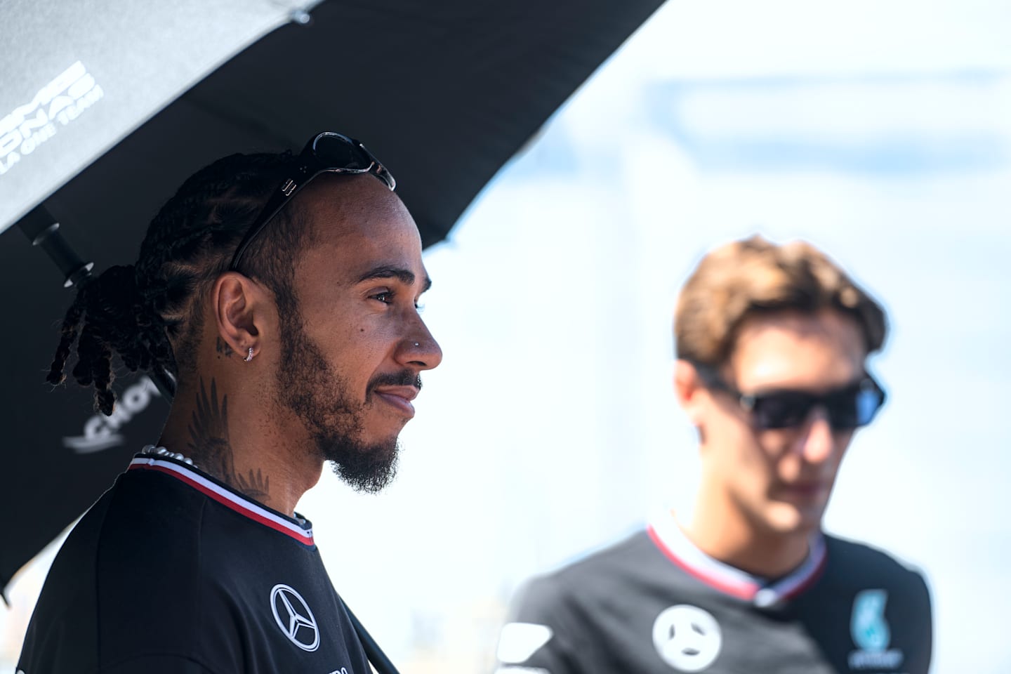 BAKU, AZERBAIJAN - SEPTEMBER 15: Lewis Hamilton of Great Britain and Mercedes looks on from the drivers parade prior to the F1 Grand Prix of Azerbaijan at Baku City Circuit on September 15, 2024 in Baku, Azerbaijan. (Photo by Rudy Carezzevoli/Getty Images)