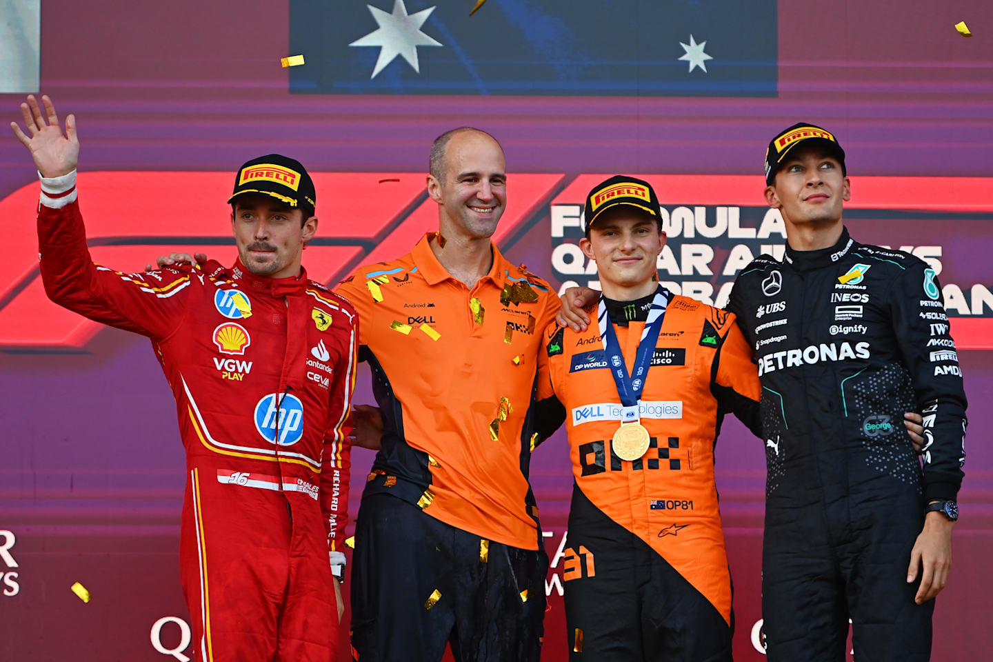 BAKU, AZERBAIJAN - SEPTEMBER 15: Race winner Oscar Piastri of Australia and McLaren, Second placed