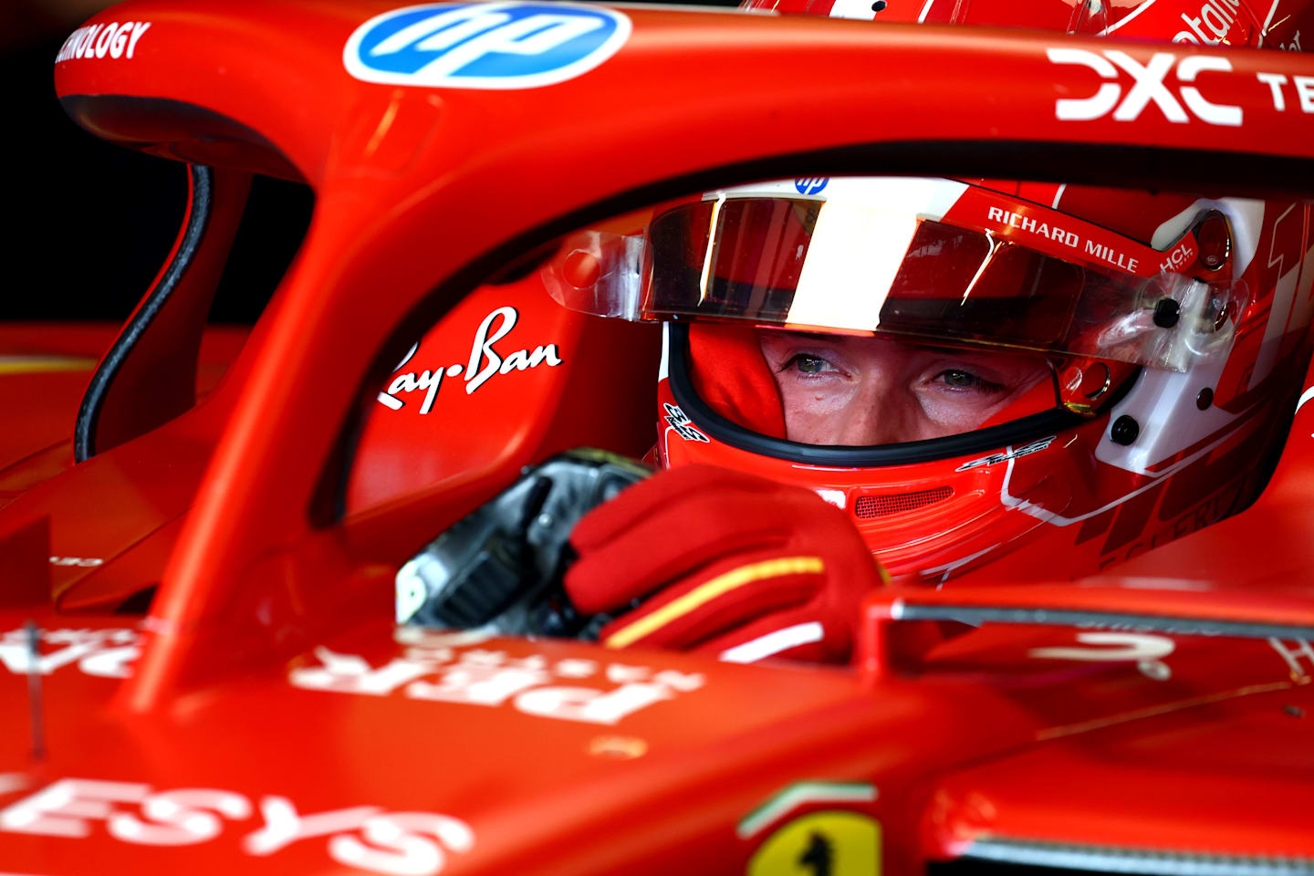 BAKU, AZERBAIJAN - SEPTEMBER 13: Charles Leclerc of Monaco and Ferrari prepares to drive in the garage during practice ahead of the F1 Grand Prix of Azerbaijan at Baku City Circuit on September 13, 2024 in Baku, Azerbaijan. (Photo by Clive Rose - Formula 1/Formula 1 via Getty Images)