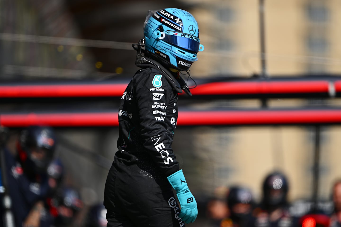 BAKU, AZERBAIJAN - SEPTEMBER 13: George Russell of Great Britain and Mercedes looks on in the Pitlane during practice ahead of the F1 Grand Prix of Azerbaijan at Baku City Circuit on September 13, 2024 in Baku, Azerbaijan. (Photo by Dan Mullan/Getty Images)