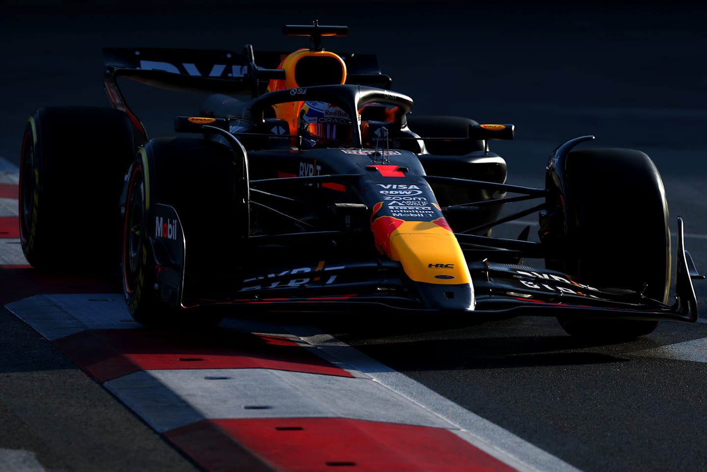 BAKU, AZERBAIJAN - SEPTEMBER 13: Max Verstappen of the Netherlands driving the (1) Oracle Red Bull Racing RB20 on track during practice ahead of the F1 Grand Prix of Azerbaijan at Baku City Circuit on September 13, 2024 in Baku, Azerbaijan. (Photo by Clive Rose - Formula 1/Formula 1 via Getty Images)