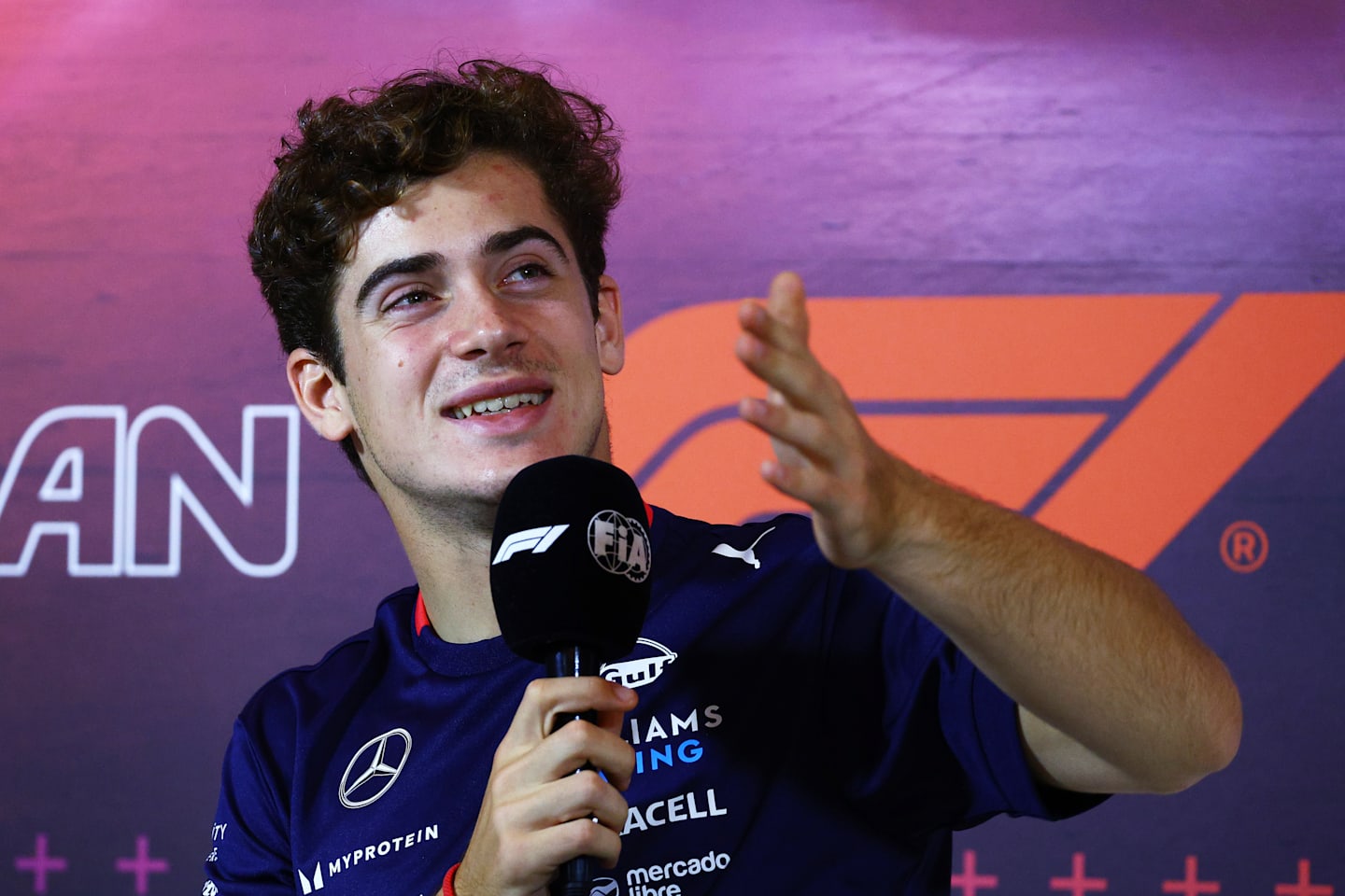 BAKU, AZERBAIJAN - SEPTEMBER 12: Franco Colapinto of Argentina and Williams attends the Drivers Press Conference during previews ahead of the F1 Grand Prix of Azerbaijan at Baku City Circuit on September 12, 2024 in Baku, Azerbaijan. (Photo by Clive Rose/Getty Images)