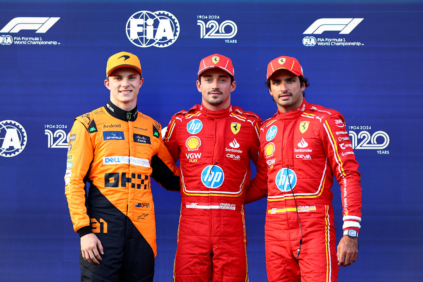 BAKU, AZERBAIJAN - SEPTEMBER 14: Pole position qualifier Charles Leclerc, Oscar Piastri and Third placed Carlos Sainz pose for a photo during qualifying ahead of the F1 Grand Prix of Azerbaijan. (Photo by Clive Rose - Formula 1/Formula 1 via Getty Images)