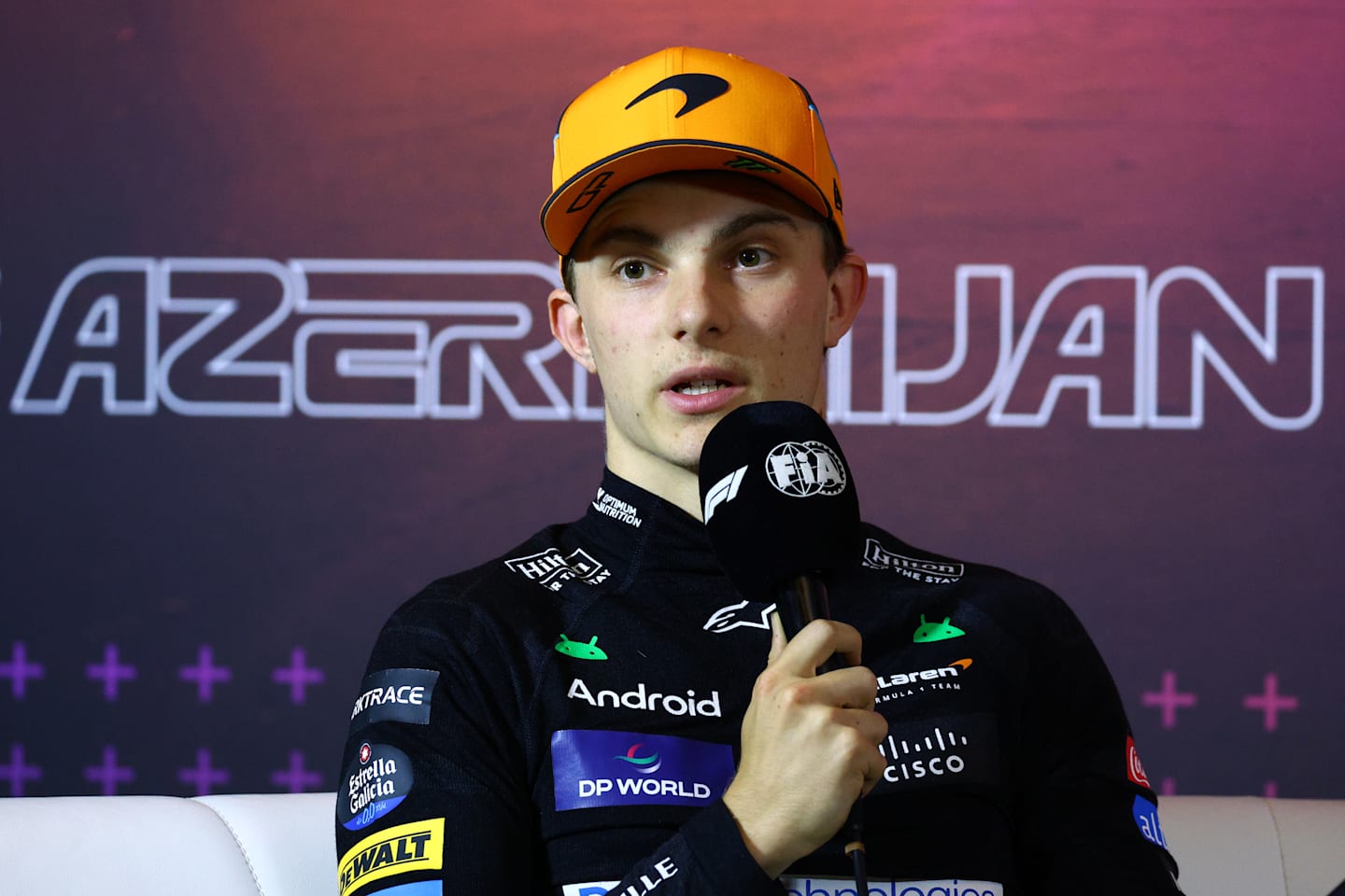 BAKU, AZERBAIJAN - SEPTEMBER 14: Second placed qualifier Oscar Piastri of Australia and McLaren attends the press conference after qualifying ahead of the F1 Grand Prix of Azerbaijan at Baku City Circuit on September 14, 2024 in Baku, Azerbaijan. (Photo by Clive Rose/Getty Images)