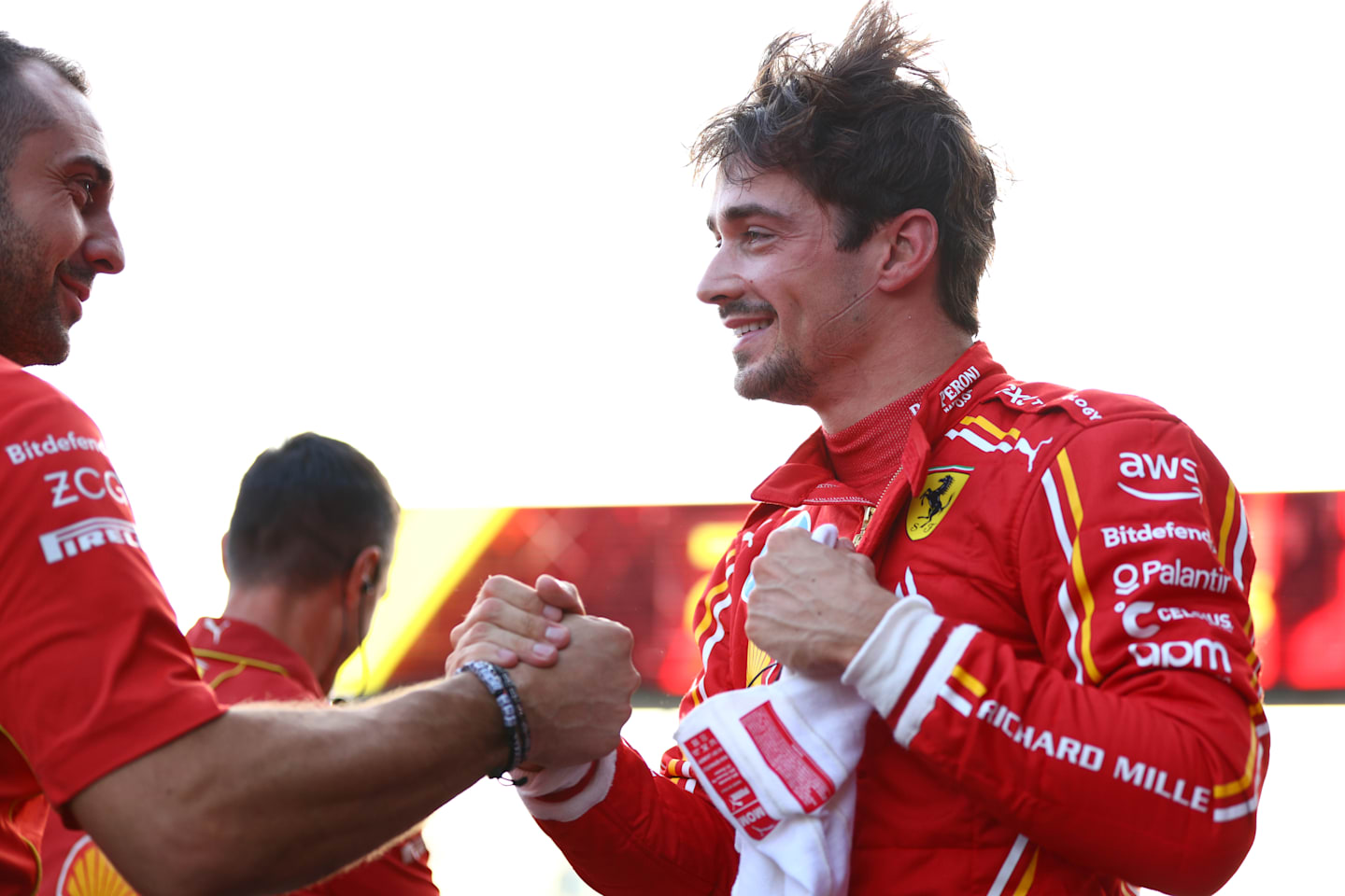 BAKU, AZERBAIJAN - SEPTEMBER 14: Pole position qualifier Charles Leclerc of Monaco and Ferrari looks on in parc ferme during qualifying ahead of the F1 Grand Prix of Azerbaijan at Baku City Circuit on September 14, 2024 in Baku, Azerbaijan. (Photo by Clive Rose - Formula 1/Formula 1 via Getty Images)