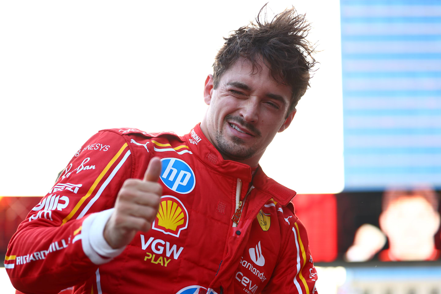 BAKU, AZERBAIJAN - SEPTEMBER 14: Pole position qualifier Charles Leclerc of Monaco and Ferrari celebrates in parc ferme during qualifying ahead of the F1 Grand Prix of Azerbaijan at Baku City Circuit on September 14, 2024 in Baku, Azerbaijan. (Photo by Clive Rose - Formula 1/Formula 1 via Getty Images)