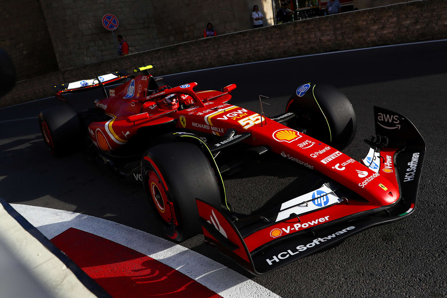 BAKU, AZERBAIJAN - SEPTEMBER 14: Carlos Sainz of Spain driving (55) the Ferrari SF-24 on track during qualifying ahead of the F1 Grand Prix of Azerbaijan at Baku City Circuit on September 14, 2024 in Baku, Azerbaijan. (Photo by Peter Fox - Formula 1/Formula 1 via Getty Images)