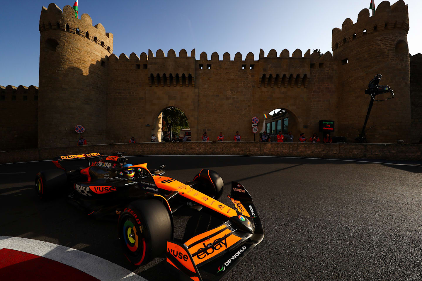 BAKU, AZERBAIJAN - SEPTEMBER 14: Oscar Piastri of Australia driving the (81) McLaren MCL38 Mercedes on track during qualifying ahead of the F1 Grand Prix of Azerbaijan at Baku City Circuit. (Photo by Peter Fox - Formula 1/Formula 1 via Getty Images)