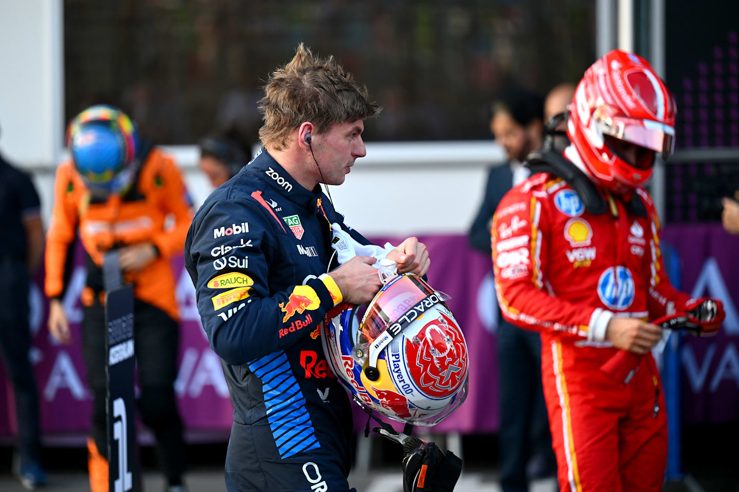 BAKU, AZERBAIJAN - SEPTEMBER 14: 6th placed qualifier Max Verstappen of the Netherlands and Oracle Red Bull Racing looks on  in parc ferme during qualifying ahead of the F1 Grand Prix of Azerbaijan at Baku City Circuit on September 14, 2024 in Baku, Azerbaijan. (Photo by Dan Mullan/Getty Images)