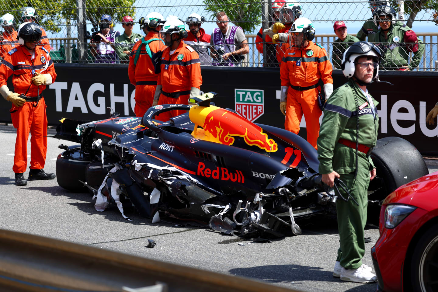 MONTE-CARLO, MONACO - MAY 26: The destroyed car of Sergio Perez of Mexico and Oracle Red Bull