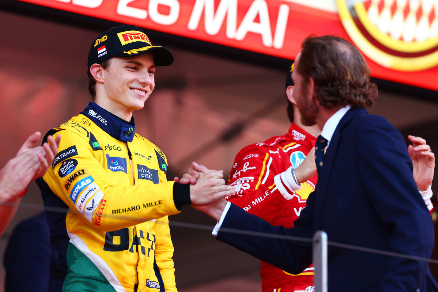 MONTE-CARLO, MONACO - MAY 26: Second placed Oscar Piastri of Australia and McLaren celebrates with