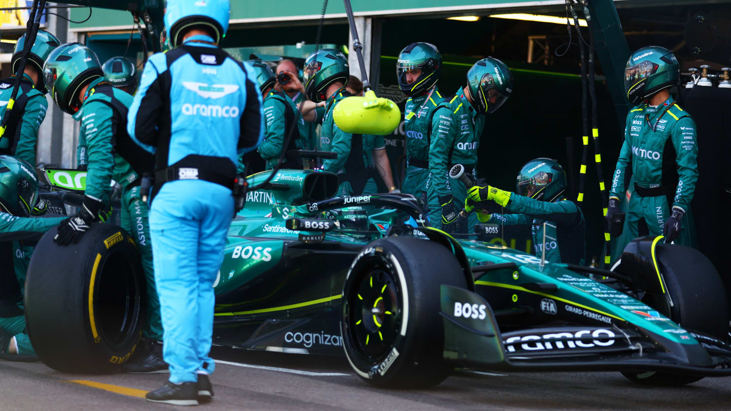 MONTE-CARLO, MONACO - MAY 26: Lance Stroll of Canada driving the (18) Aston Martin AMR24 Mercedes makes a pitstop during the F1 Grand Prix of Monaco at Circuit de Monaco on May 26, 2024 in Monte-Carlo, Monaco. (Photo by Bryn Lennon - Formula 1/Formula 1 via Getty Images)