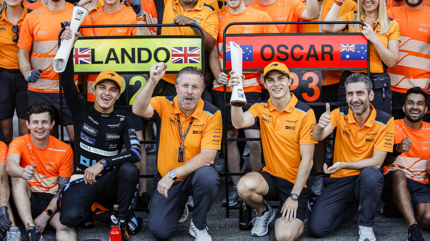 Lando Norris, Zak Brown, CEO of Mclaren Formula 1 Team, Oscar Piastri and Andrea Stella, Team