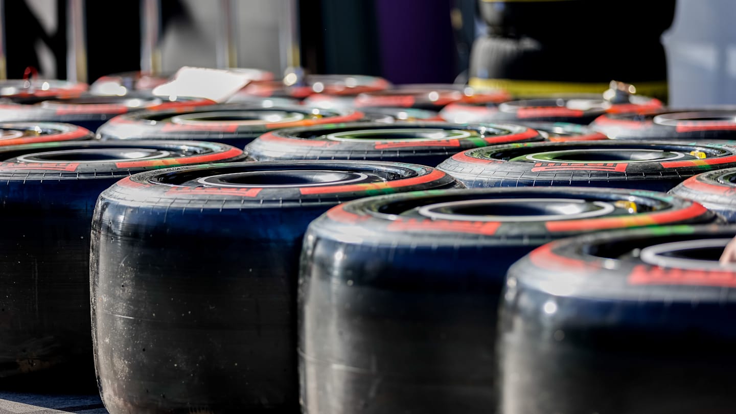 MELBOURNE, VICTORIA, AUSTRALIA - 2024/03/20: Pirelli super soft tyres in pit lane on setup day