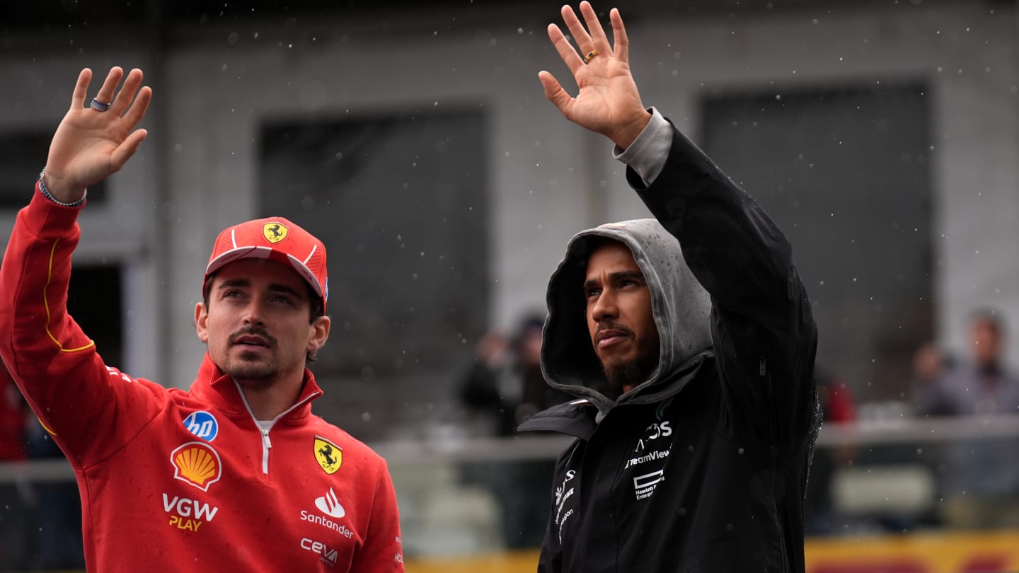 MONTREAL, QUEBEC - JUNE 9 : Lewis Hamilton (R) and Charles Leclerc attend the drivers parade ahead