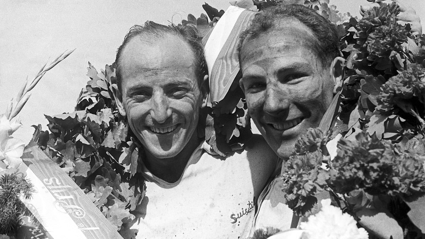 Stirling Moss, Roberto Mieres, Grand Prix of Netherlands, Zandvoort, Netherlands, June 19, 1955.