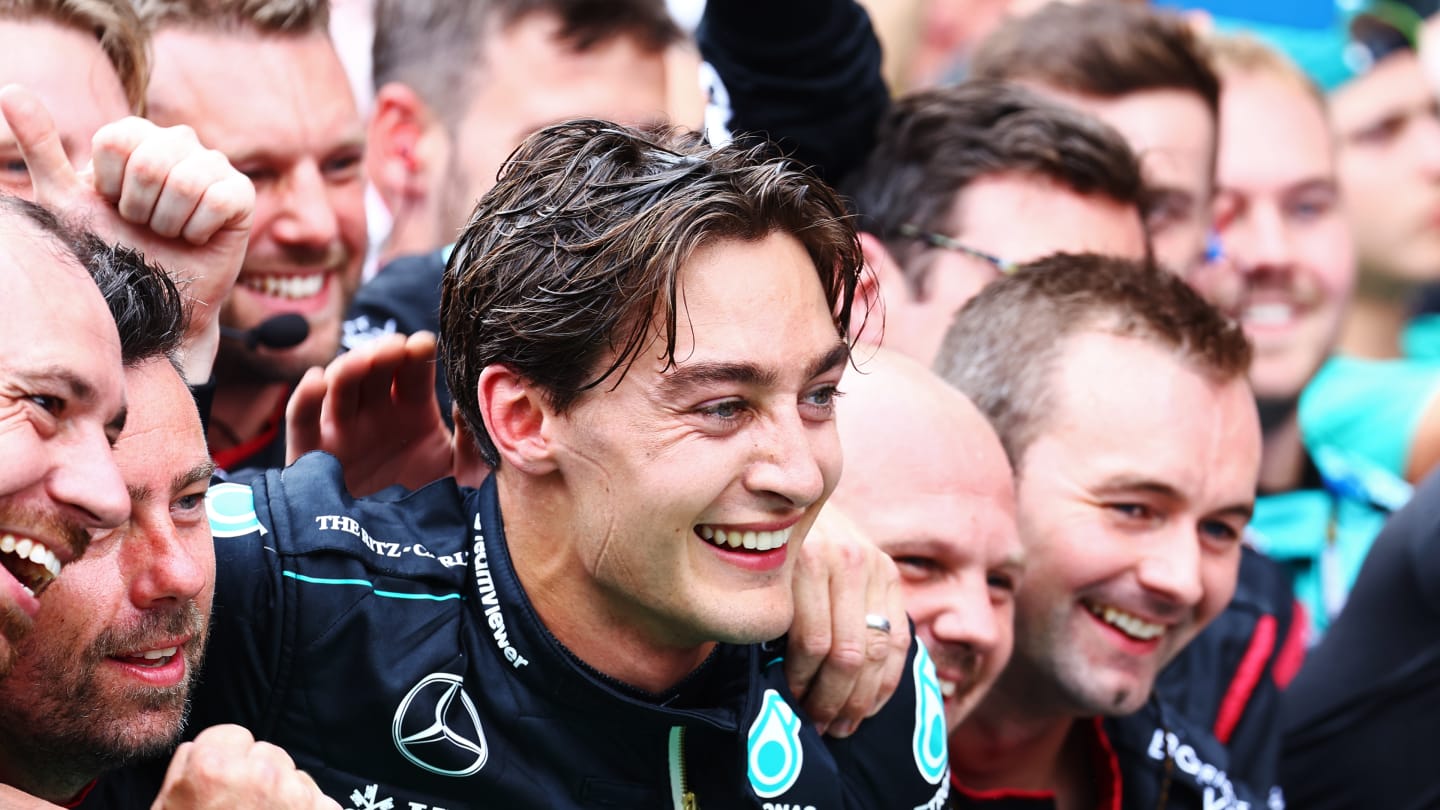 SPIELBERG, AUSTRIA - JUNE 30: Race winner George Russell of Great Britain and Mercedes celebrates