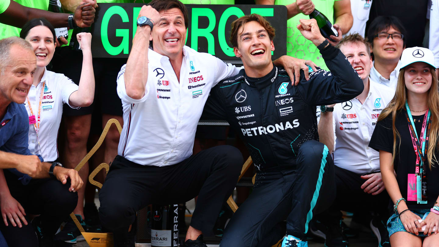 SPIELBERG, AUSTRIA - JUNE 30: Race winner George Russell of Great Britain and Mercedes celebrates