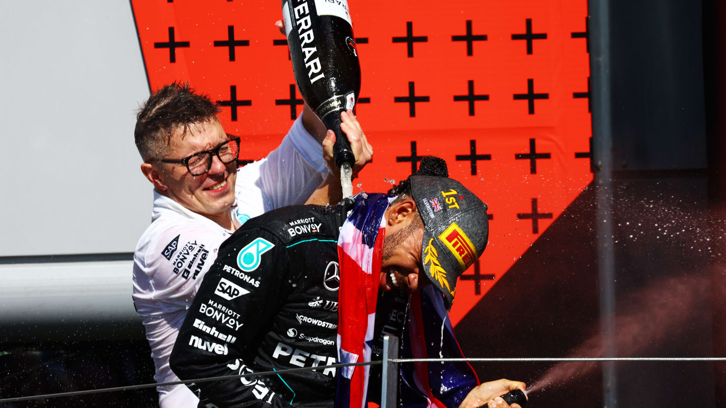 NORTHAMPTON, ENGLAND - JULY 07: Race winner Lewis Hamilton of Great Britain and Mercedes celebrates