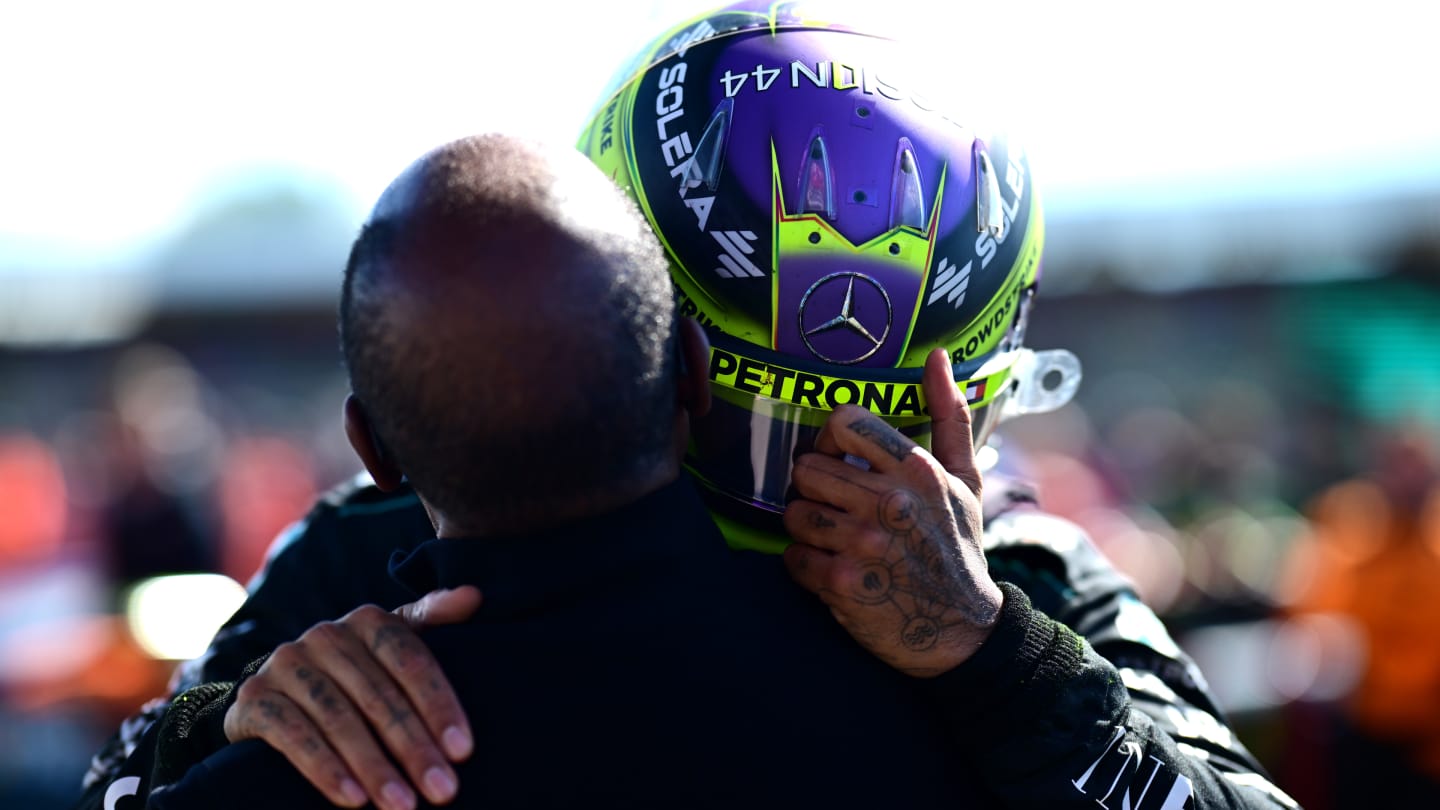 NORTHAMPTON, ENGLAND - JULY 07: Race winner Lewis Hamilton of Great Britain and Mercedes celebrates