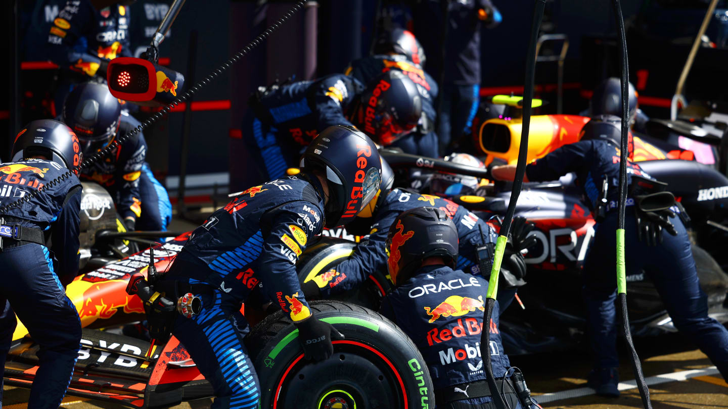 NORTHAMPTON, ENGLAND - JULY 07: Sergio Perez of Mexico driving the (11) Oracle Red Bull Racing RB20