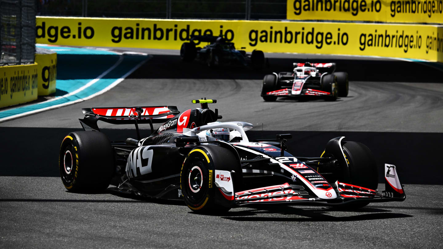 MIAMI, FLORIDA - MAY 04: Nico Hulkenberg of Germany driving the (27) Haas F1 VF-24 Ferrari leads