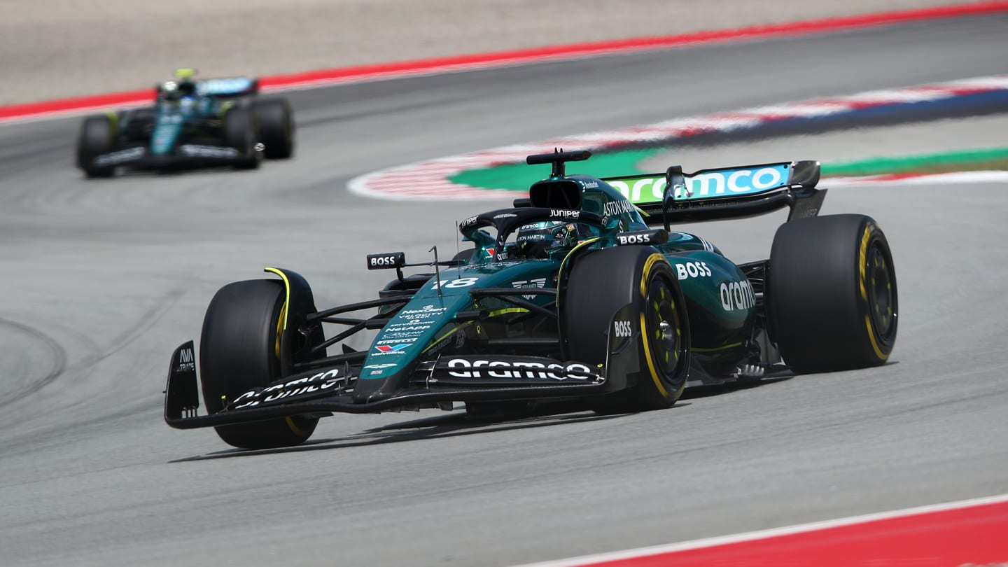 BARCELONA, SPAIN - JUNE 23: Lance Stroll of Canada driving the (18) Aston Martin AMR24 Mercedes on