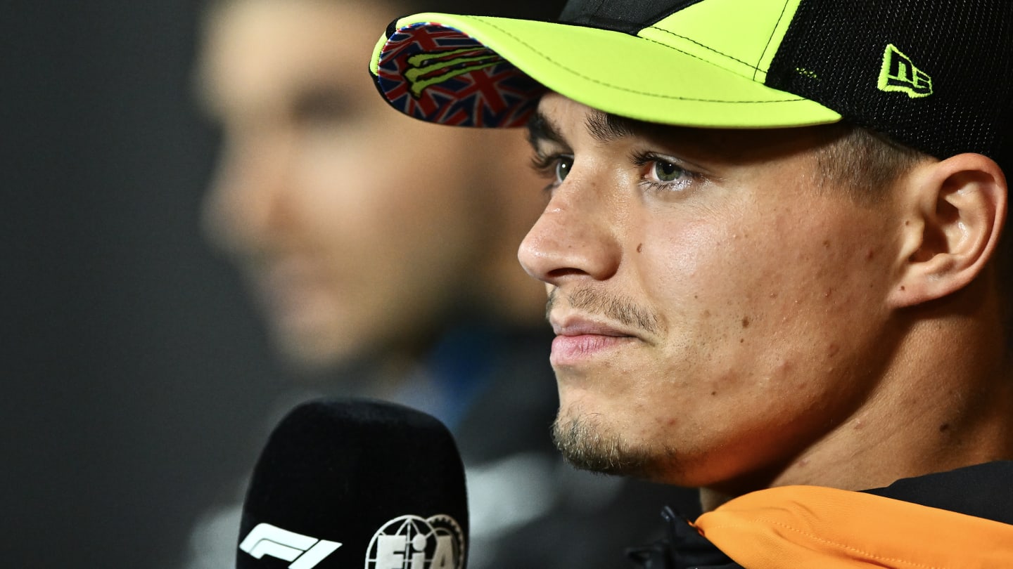 NORTHAMPTON, ENGLAND - JULY 04: Lando Norris of Great Britain and McLaren attends the Drivers Press