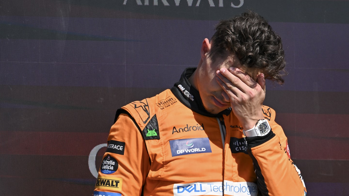 NORTHAMPTON, ENGLAND - JULY 07: Third placed Lando Norris of Great Britain and McLaren talks to the