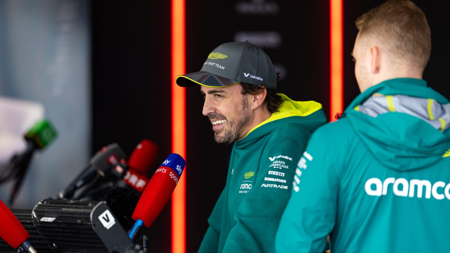 NORTHAMPTON, ENGLAND - JULY 6: Fernando Alonso of Spain and Aston Martin F1 Team being interviewed