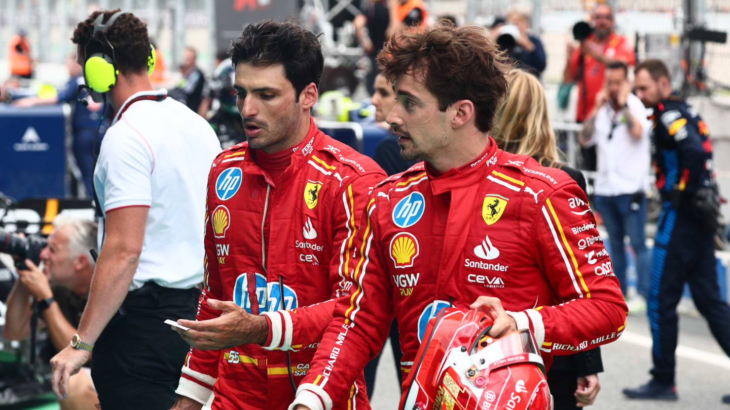 Carlos Sainz and Charles Leclerc of Ferrari fter the Formula 1 Spanish Grand Prix at Circuit de