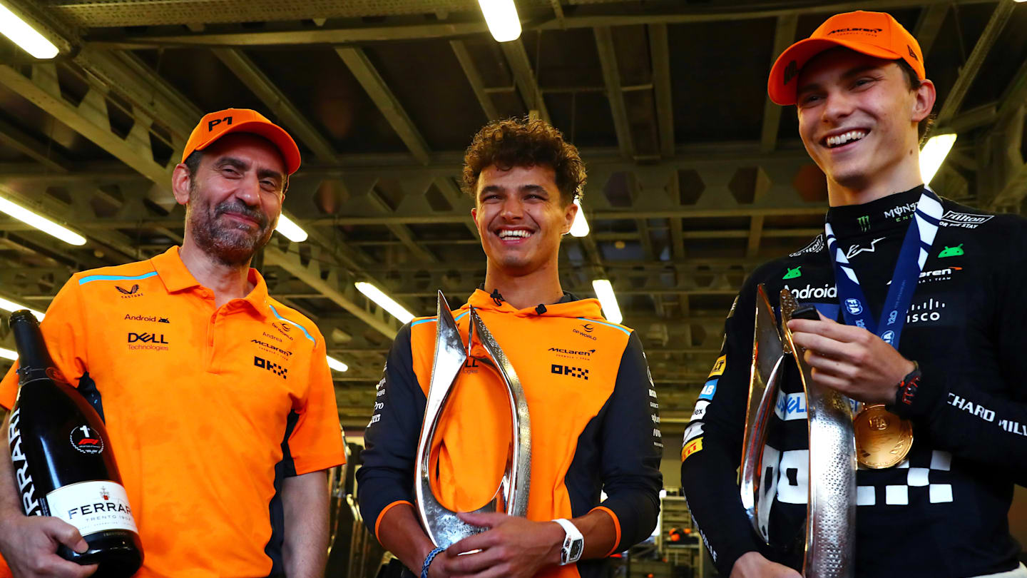 BAKU, AZERBAIJAN - SEPTEMBER 15: Race winner Oscar Piastri of Australia and McLaren, 4th placed