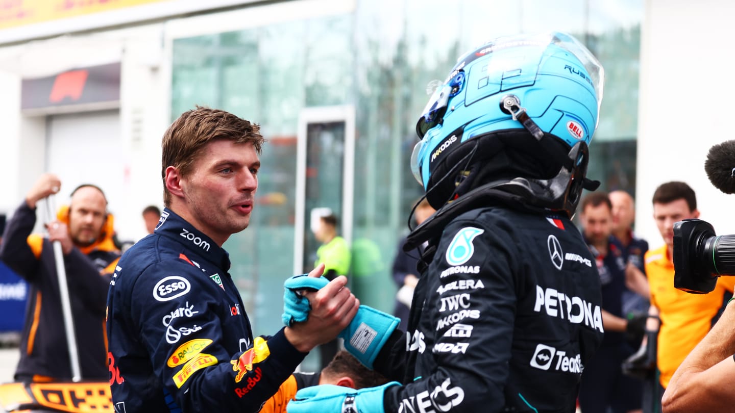 MONTREAL, QUEBEC - JUNE 08: Pole position qualifier George Russell of Great Britain and Mercedes