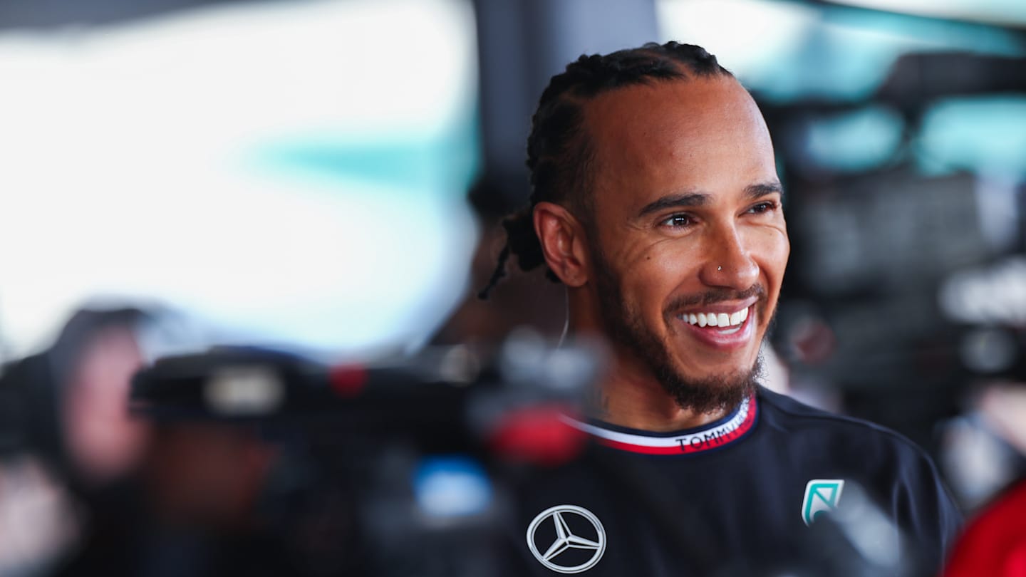 NORTHAMPTON, ENGLAND - JULY 07: Lewis Hamilton of Mercedes and Great Britain talks to the press