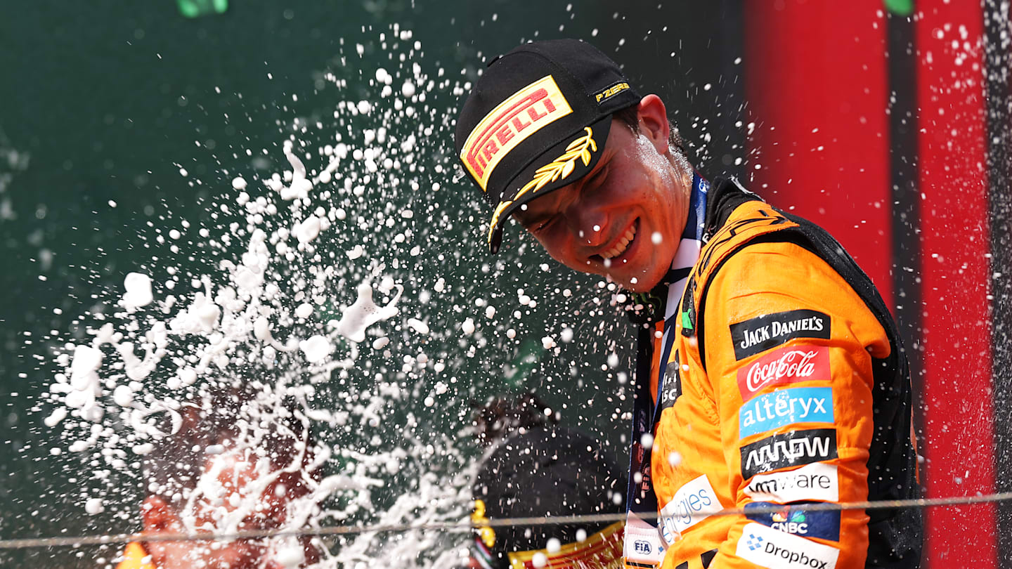 BUDAPEST, HUNGARY - JULY 21: Race winner Oscar Piastri of Australia and McLaren celebrates his