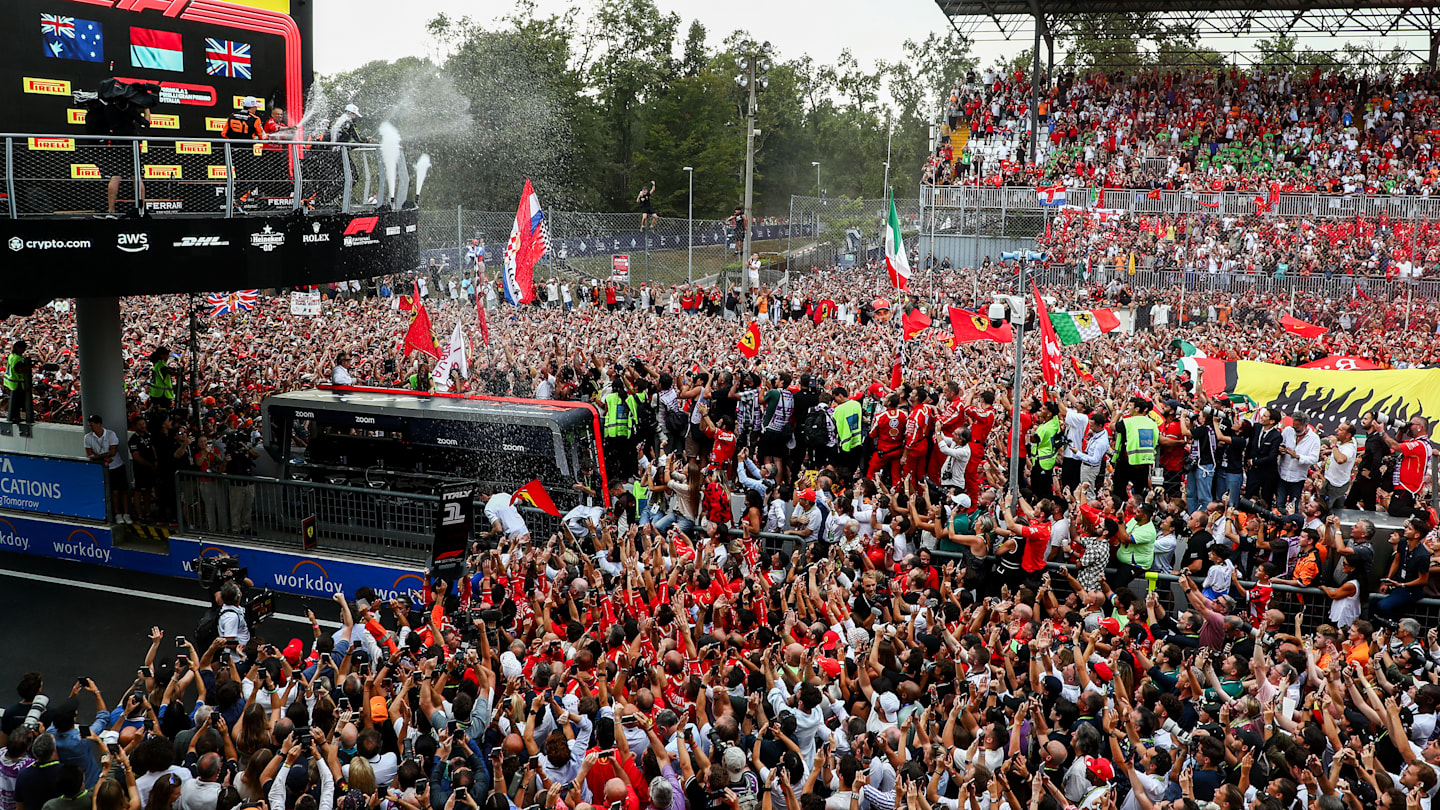 MONZA, ITALY - SEPTEMBER 01: Charles Leclerc of Ferrari and Monaco celebrates winning in first