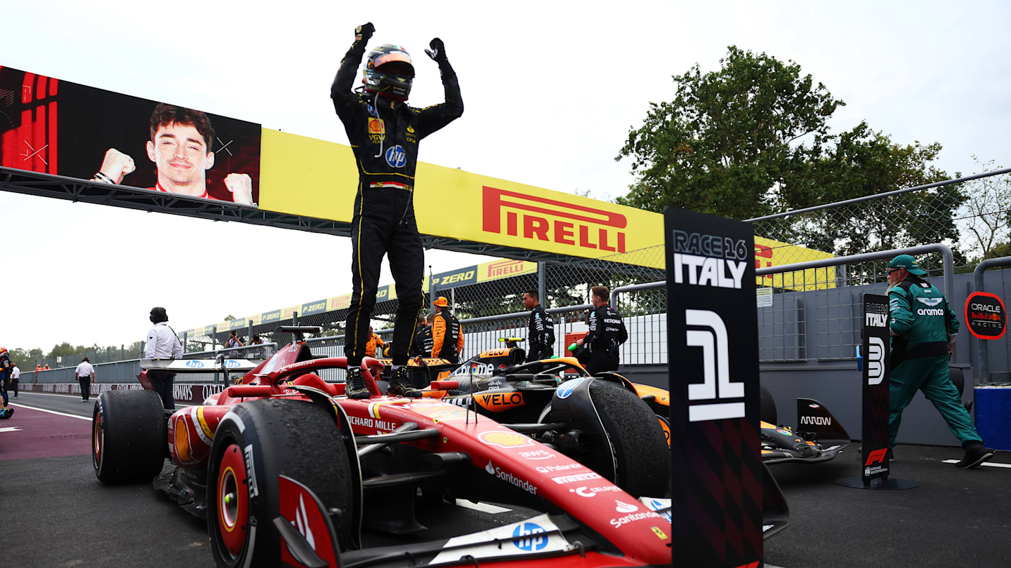 MONZA, ITALY - SEPTEMBER 01: Race winner Charles Leclerc of Monaco and Ferrari celebrates in parc