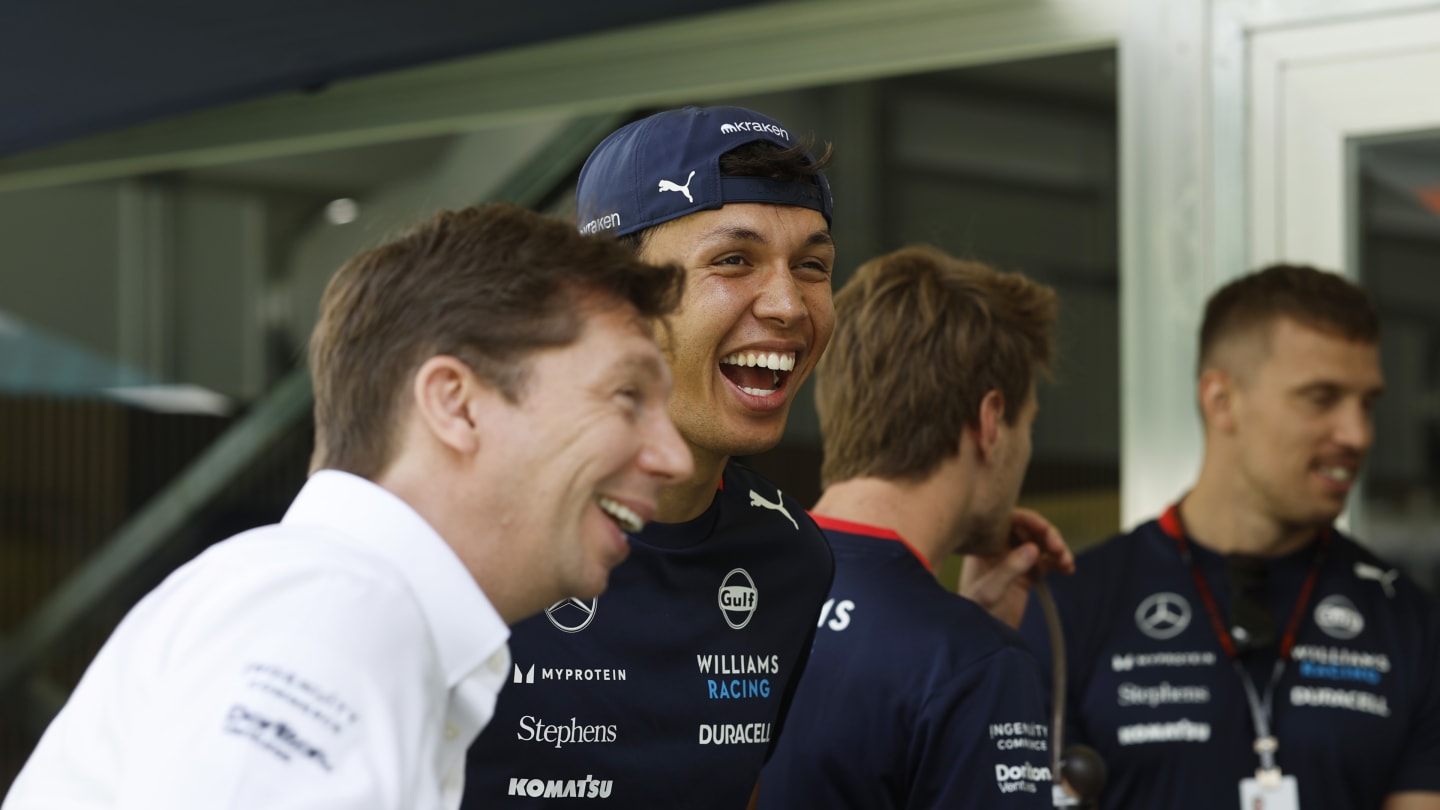 MIAMI, FLORIDA - MAY 03: Alexander Albon of Thailand and Williams and James Vowles, Team Principal