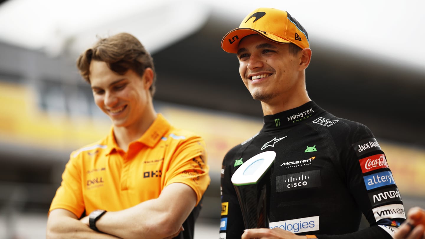 BARCELONA, SPAIN - JUNE 23: Second placed Lando Norris of Great Britain and McLaren smiles with his