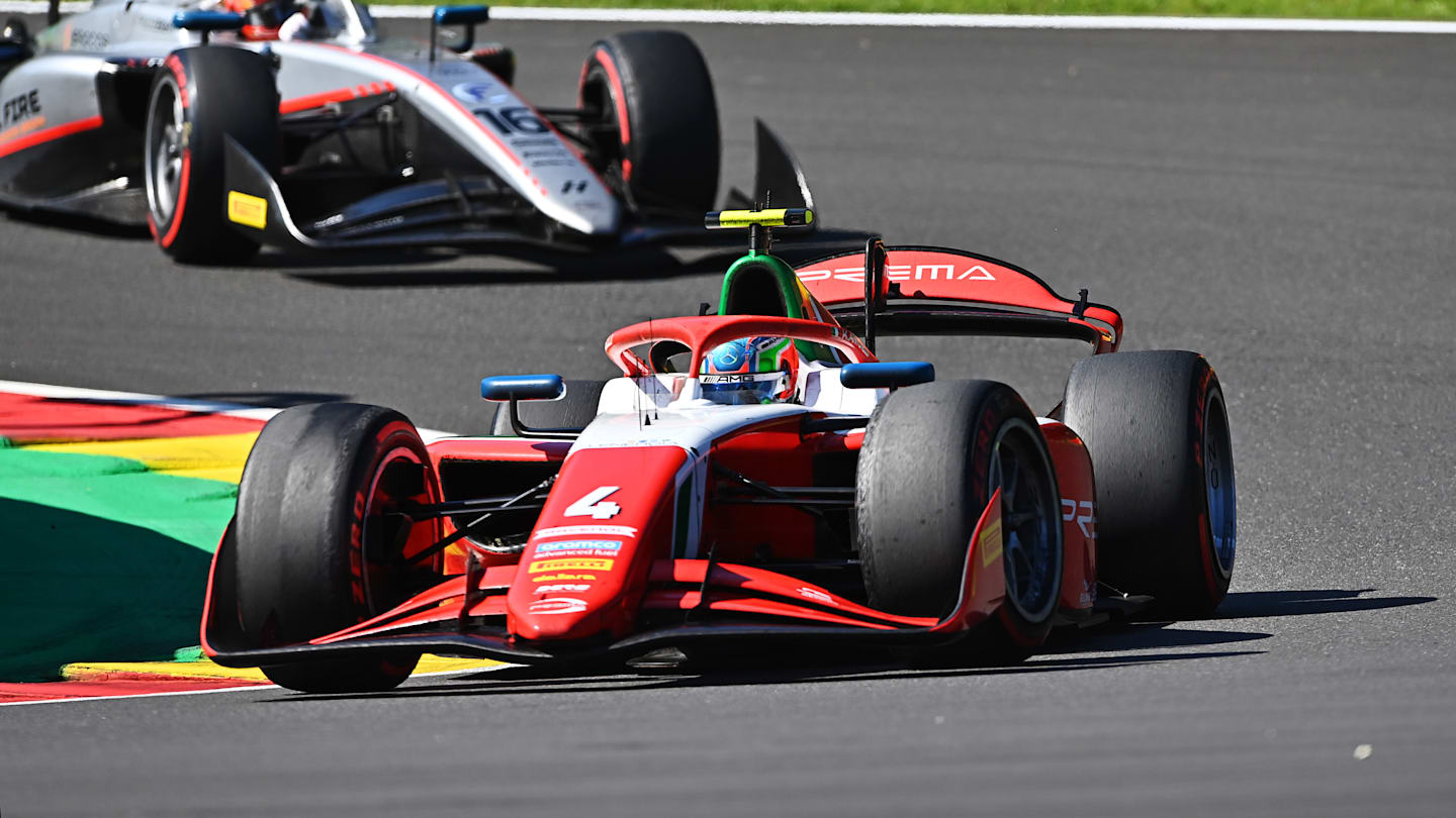 SPA, BELGIUM - JULY 28: Andrea Kimi Antonelli of Italy and PREMA Racing (4) leads Amaury Cordeel of