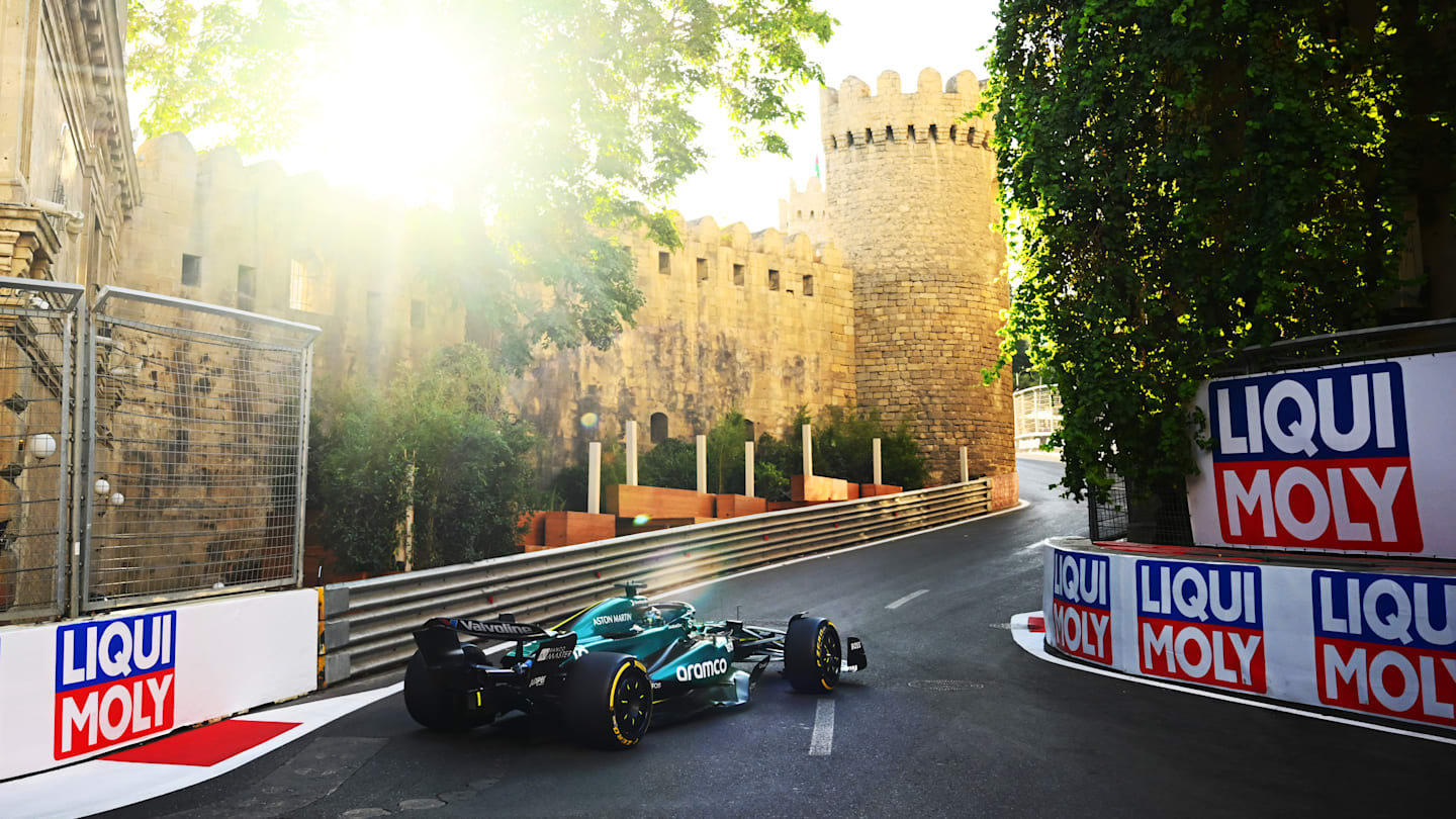 BAKU, AZERBAIJAN - SEPTEMBER 13: Lance Stroll of Canada driving the (18) Aston Martin AMR24 Mercedes on track during practice ahead of the F1 Grand Prix of Azerbaijan at Baku City Circuit on September 13, 2024 in Baku, Azerbaijan. (Photo by Clive Mason/Getty Images)