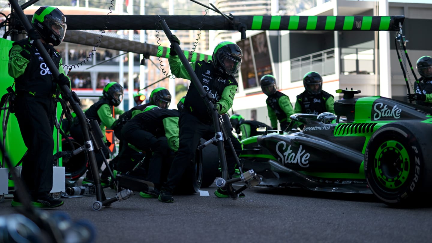 MONTE-CARLO, MONACO - MAY 26: Zhou Guanyu of China driving the (24) Kick Sauber C44 Ferrari makes a pitstop during the F1 Grand Prix of Monaco at Circuit de Monaco on May 26, 2024 in Monte-Carlo, Monaco. (Photo by Rudy Carezzevoli/Getty Images)